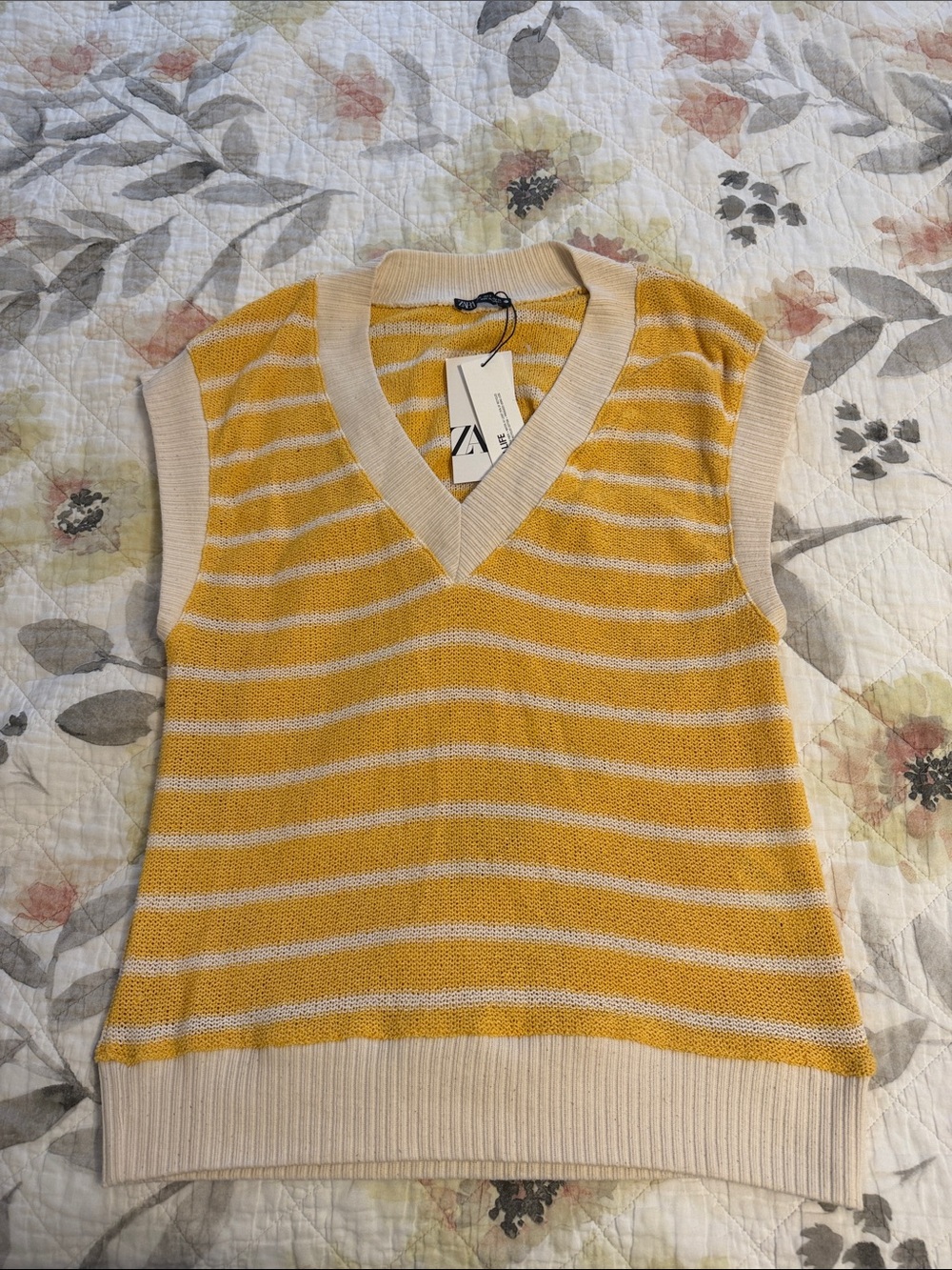 Zara Yellow & Cream Striped V-Neck Sweater Vest